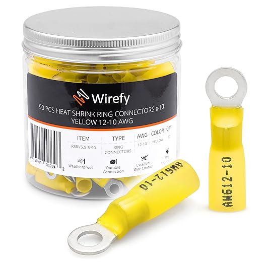 Wirefy 90 PCS Heat Shrink Ring Terminals #10 - a Resistant Ring Connectors - Eyelet Wire Connectors - Yellow 10-12 AWG