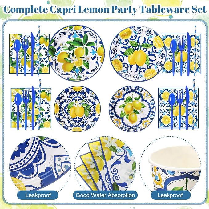 450 Pcs Capri Lemon Party Tableware Set Decorations Mediterranean Blue and - Image 2