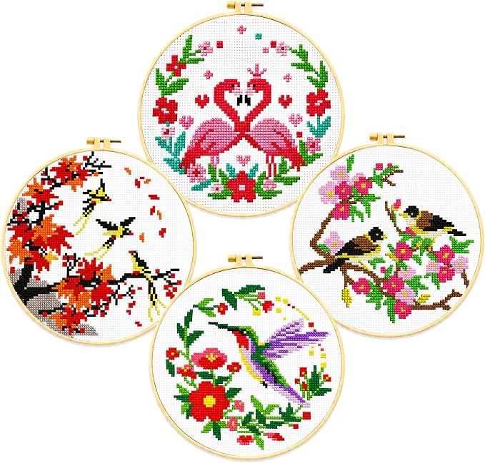 Zhenqing 4 Bird Circle Cross Stitch Kit 11CT Pre-Printed Floral Bird Embroidery by ZhenqingHomeFlagship