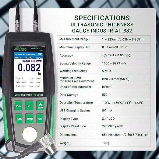 Ultrasonic Thickness Gauge Industrial-882 / Steel, Metals, Plastic, Glass, PVC, Pipes Thickness Gauge Meter – Range 0.039 to 8.85 inch| 2.4” HD Color LCD | Auto Calibration (All matеrial)