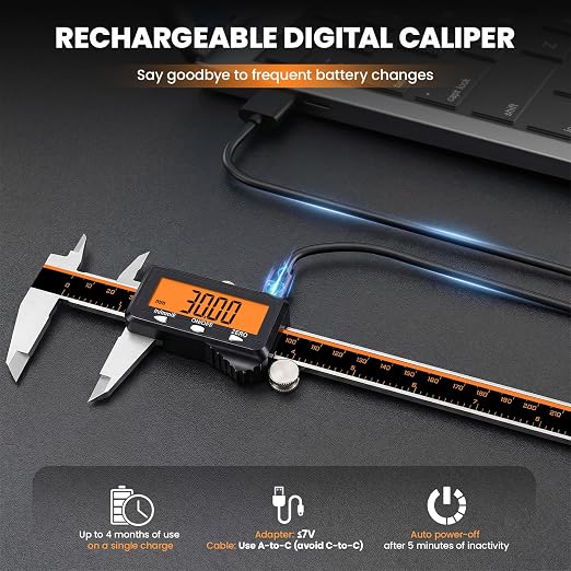 HARDELL Digital Caliper 8" USB-C Charging – Orange Display, Non-Backlit | - Image 2