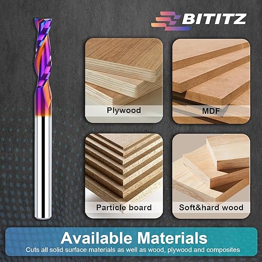 2PCS 1/4 Upcut Spiral Router Bit 1/4 Inch Shank 1 inch Cutting Length with Extra Long Life Coating CNC Router Bits End Mill for Wood Cutting, Slot Mortise, Engraving