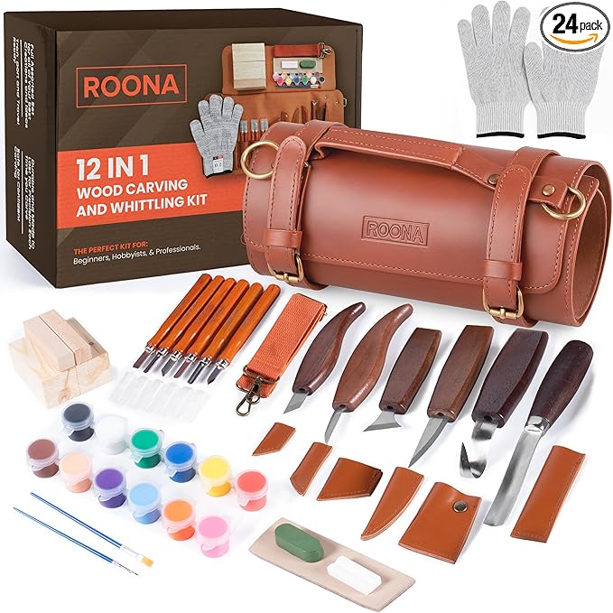 ROONA Wood Carving Kit, 25Pcs with Carving Knives, Chisel Set, Leather Strop, Sharpening Compound with Polisher, Gloves, Paint Set & Basswood Blocks – Whittling Knife Set with Rolling PU Leather Case