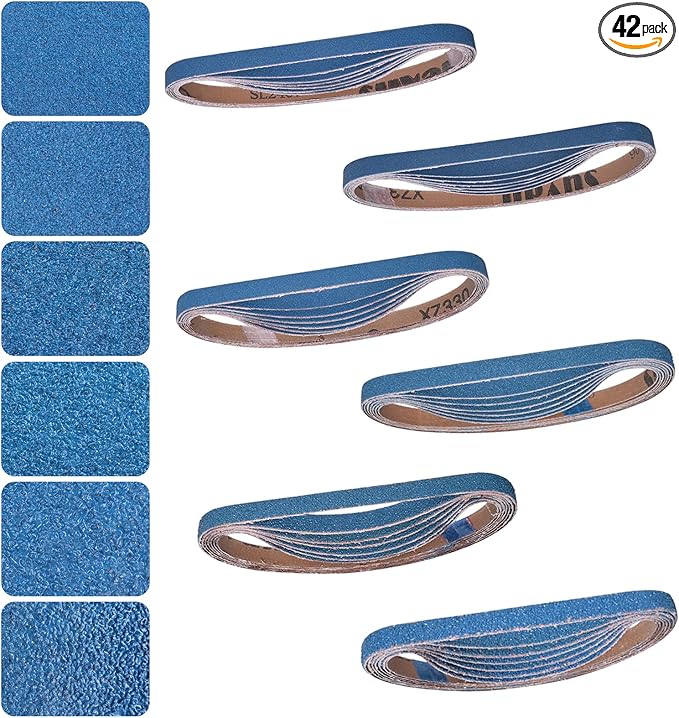 1/2x18 Inch Sanding Belts 42 Pcs 6 Grits Sizes (7 Each of 40/60/80/120/150/240 Grits) Heavy Duty Belt Sander Zirconia Belt Sander Paper for Wood, Metal, Stainless Steel, Cars, and Furniture