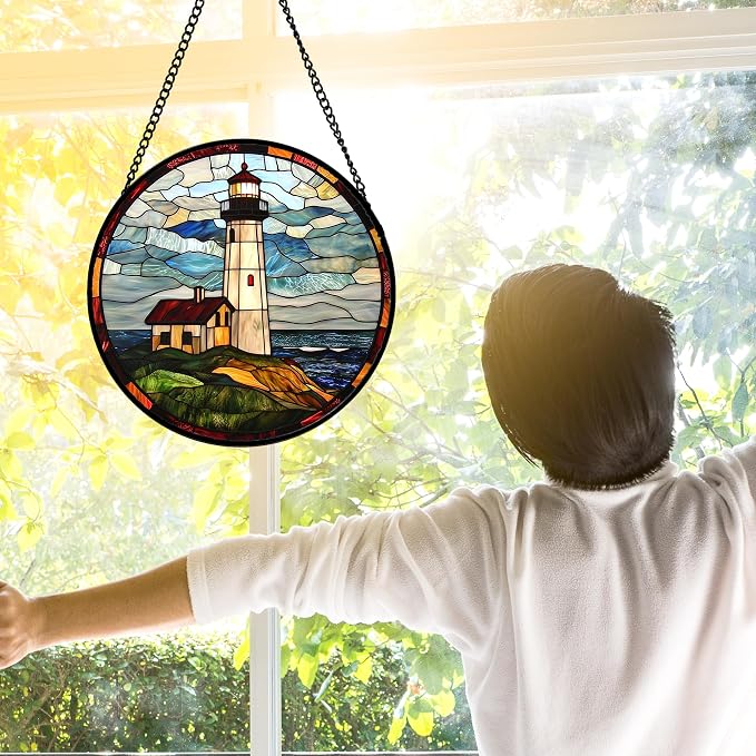 DASTOLL Stained Glass Window Hanging, Ocean Lighthouse Sun Catchers Glass Panel - Image 4