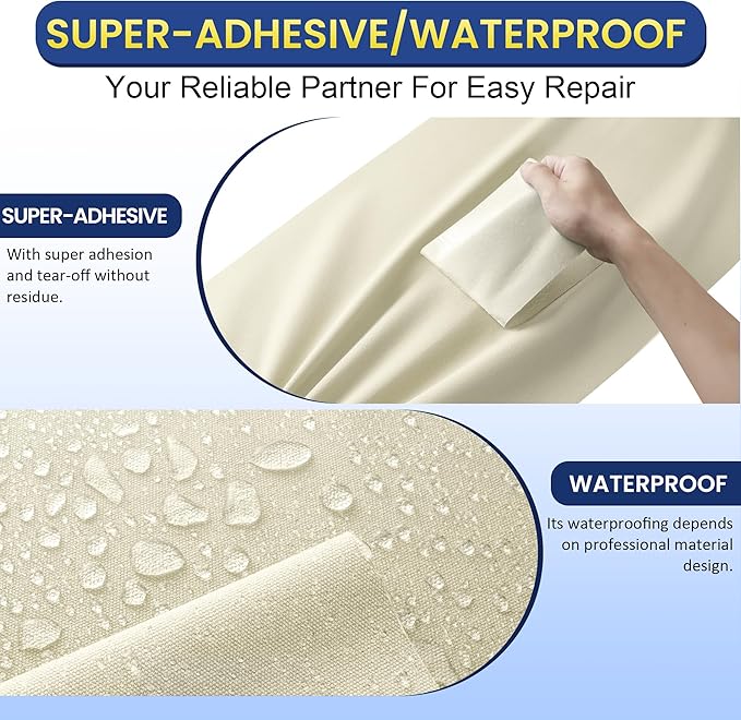 Self-Adhesive Canvas Repair Tape, 16" x 79" Waterproof Canvas Repair Patch, Fabric Patch Repairs Kit for Furniture, Tents, Sunbrellas, Boat Covers Awnings, Couches, Clothes, Bags Beige&White