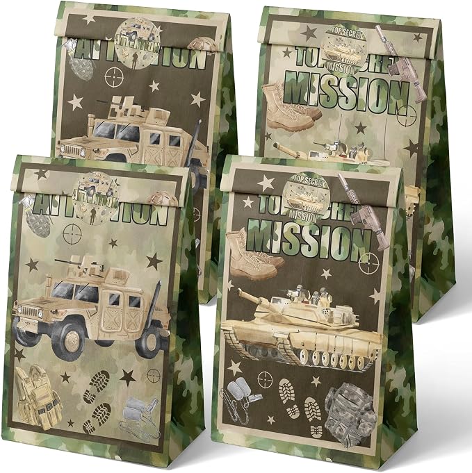 Army Party Favor Bags – 24 Pcs Camouflage Gift Bags by Outego
