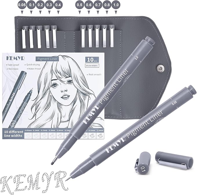 KEMYR 10 Micro Fine liner Drawing Art Pens Calligraphy Pens: 0.05mm-1.0mm Size by Kemyr