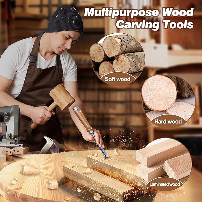 10 Pieces Wood Chisel Set, 1/4"~2" Woodworking Chisel Kit with Sharp CR-V 60 Steel Blades, Wooden Box, Honing Guide, Sharpening Stone for Carpenter Craftsman Woodworker