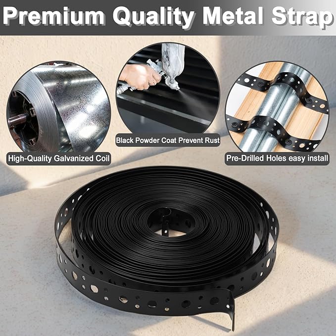 Metal Strap 1-Inch x 50FT 0.6mm Thickness Metal Strapping with Holes Galvanized Pipe Hanger Strap DIY Cutting and Installation for Pipe Support (Black)