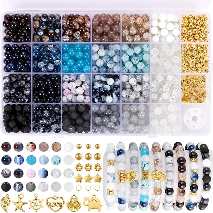 Funtopia 8mm Glass Beads, Neutral Colors Round Marble Loose Beads by Funtopia