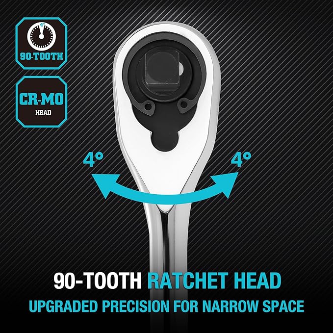 DURATECH 3-Piece Extra Long Drive Ratchet Handle, 1/4", 3/8", 1/2" 90-Tooth Ratchet Wrench with Dust Proof Teardrop Enclosed Head, Reversible, CR-V Steel Made, CR-MO Head, Full Polished, Gifts for Men