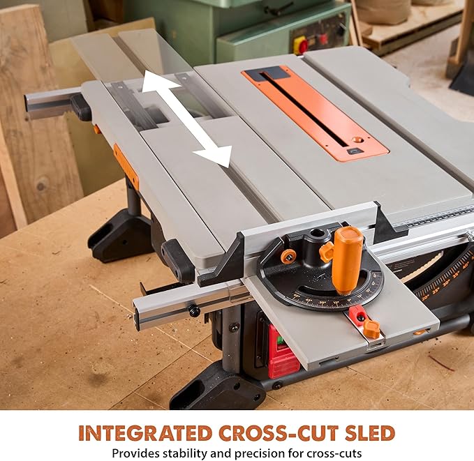 Evolution R10TBLX 10" Jobsite Table Saw with Wheeled Scissor Stand | 15A Motor | Multi-Material Cutting | 10" Blade | 26” Rip | 3-3/8” Depth | 0-45º Bevel | Precision Fence | Portable & Heavy-Duty