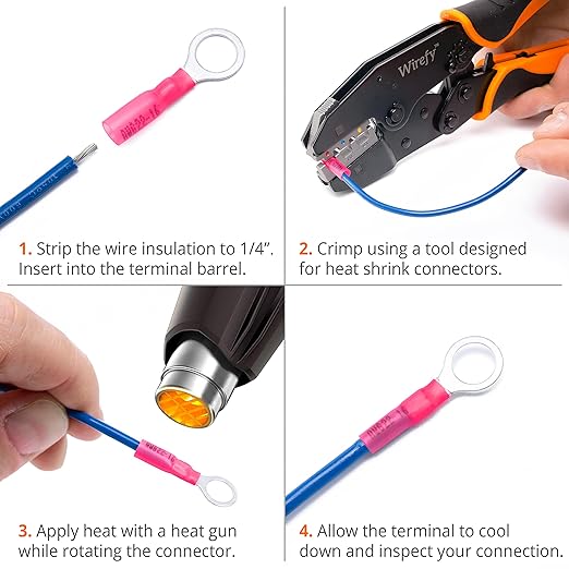 Wirefy 150 PCS Heat Shrink Ring Terminals #6 - a Resistant Ring Connectors - Eyelet Wire Connectors - Red 22-16 AWG