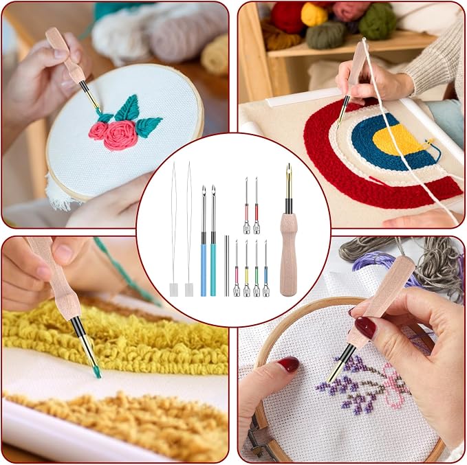 12 Pcs Punch Needle Kit, Embroidery Punch Needle Tool Wooden Handle Embroidery - Image 7