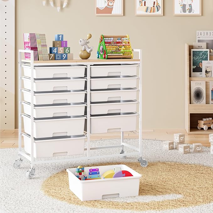 Rolling Storage Cart with 12 Drawers, Wooden Tabletop Utility Cart - Image 8