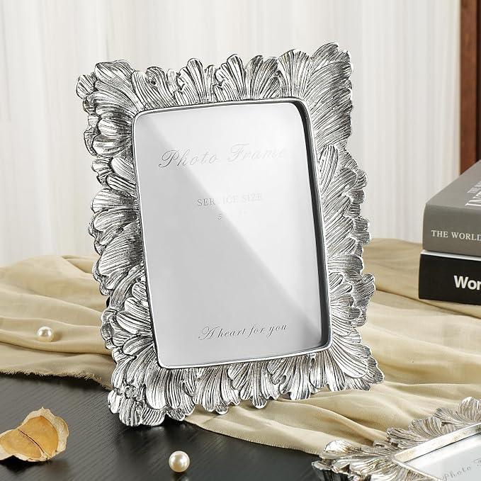 Cuspin 5x7 Picture Frame Silver Frames, Vintage Elegant Palm Leaves Textured - Image 8