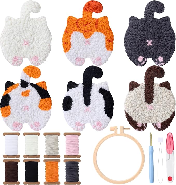 Vesici 6ps Cat Bum Punch Needle Kit, 6 Patterns Cat Butt Punch Coaster by Vesici