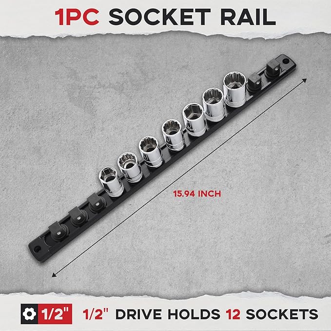 1/2-Inch Drive Magnetic Socket Organizer, Heavy Duty Aluminum Socket Rail Organizer, 360° Swivel Clips Socket Holder Kit for Tool Box, 1/2-Inch Socket Holder x 12 Clips (Black)