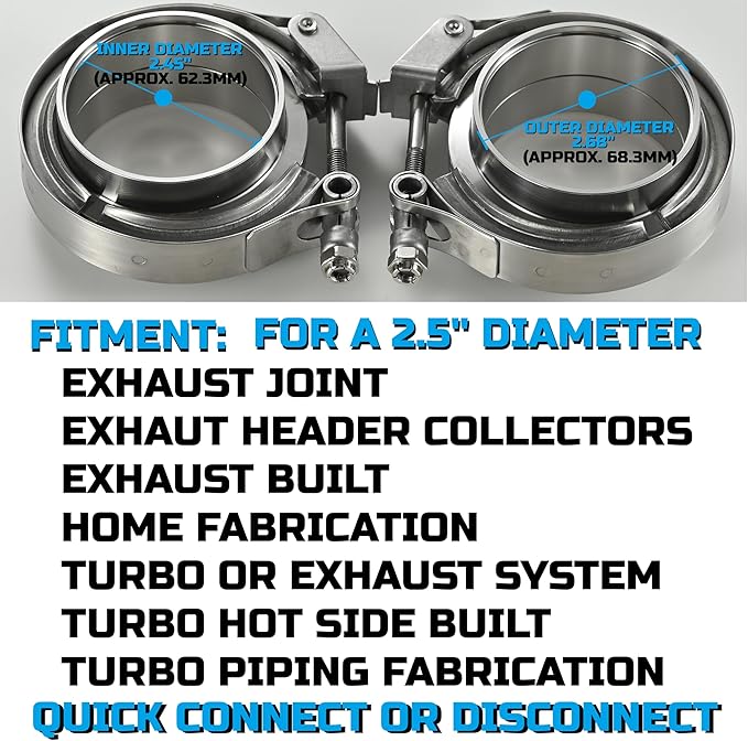 Quick Release Stainless Steel 2.5 V Band Clamp with Male Female V Band Flange for Exhaust, Turbocharger, Turbo or Downpipe, Sold In Pair (2.5''), Silver