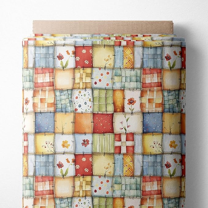 Patchwork Cotton Fabric Panel 61 x 36.6 Inches, Floral Quilt Style Squares by FabricsTown