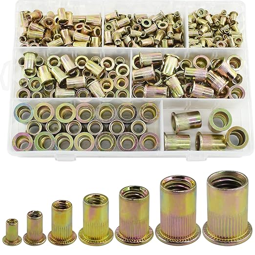 300pcs Metric Rivet Nut Assortment Kit，M3 M4 M5 M6 M8 M10 M12 Flat Head Rivnut Set, Metric Carbon Steel UNC Nutserts Rivnut, Zinc Plated, Flat Head Insert Nut Assort