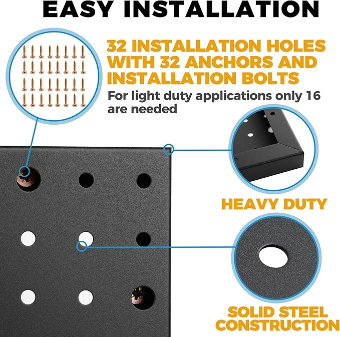 Heavy Duty 4-Panel Pegboard Wall Organizer & 32 Peg Hooks - Four Black Metal Peg Board Panels for Shops or Warehouse - Garage Tool & Walls Organizer - Modular Complete Kit With Installation Hardware