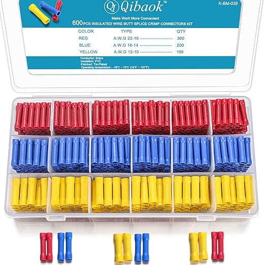 600 PCS Butt Splice Crimp Connectors Qibaok Insulated Electrical Straight Wire Terminal Connectors 10-22AWG
