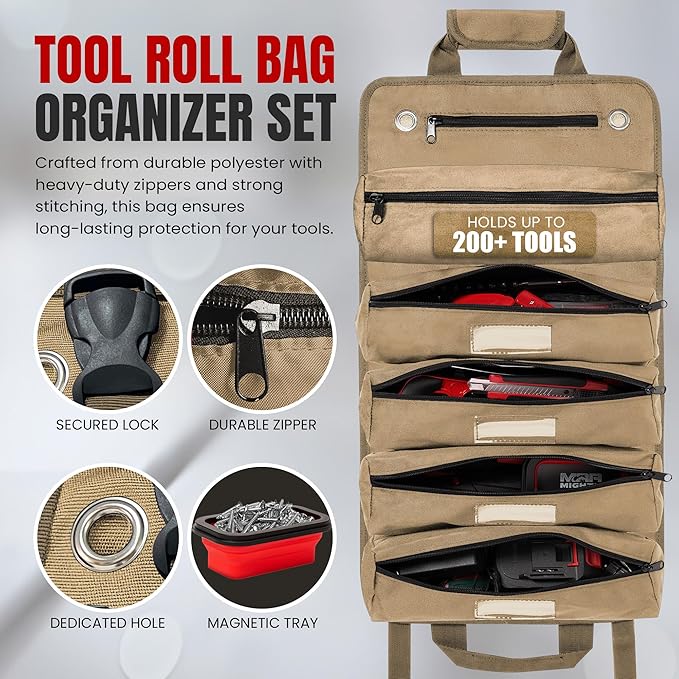 Tool Roll Bag Organizer with Magnetic Plate – Heavy Duty Polyester, Ideal Gifts For Men, Portable Tool Roll Up Bag with 5 Large Pouches & 4 Tool Strap – Khaki (26 Inches)