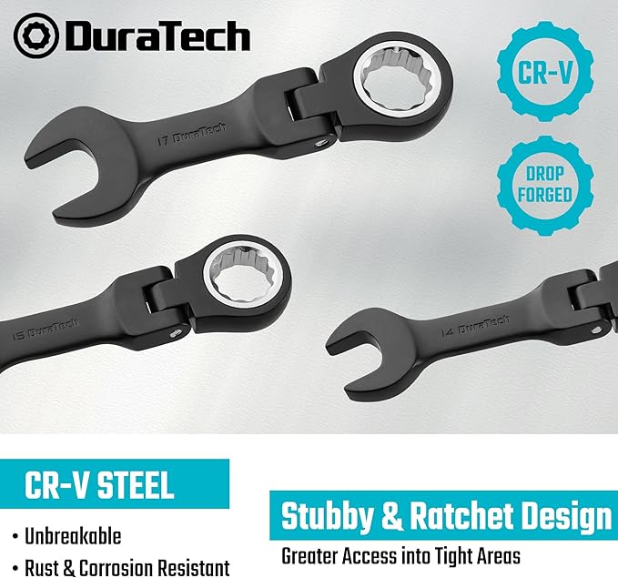 DURATECH Stubby Flex-head Ratcheting Combination Wrench Set, 8-piece, Metric, 9 to 17mm, CR-V Steel, Black Electrophoretic Coating, with Rolling Pouch