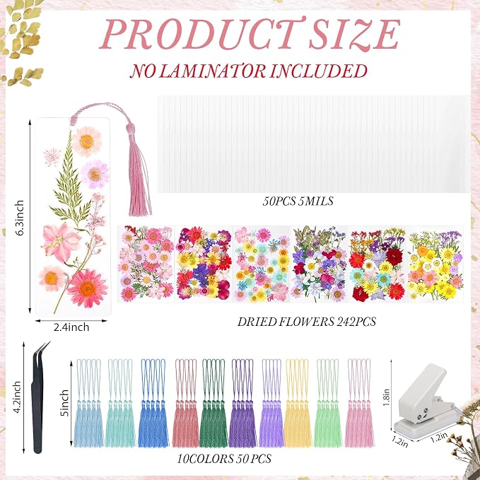 kmfosaat 344 Pcs Pressed Flower Bookmark Making Kit, 50 Laminating Pouches - Image 2