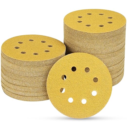 100PCS 5 Inch 8 Hole Sanding Discs 60 Grit,Gold Round Hook and Loop Sandpaper for Random Orbital Sander