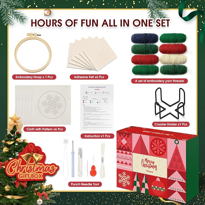 yuegool 6PCS Christmas Punch Needle Coasters Kit, Easy DIY Punch Needle - Image 2