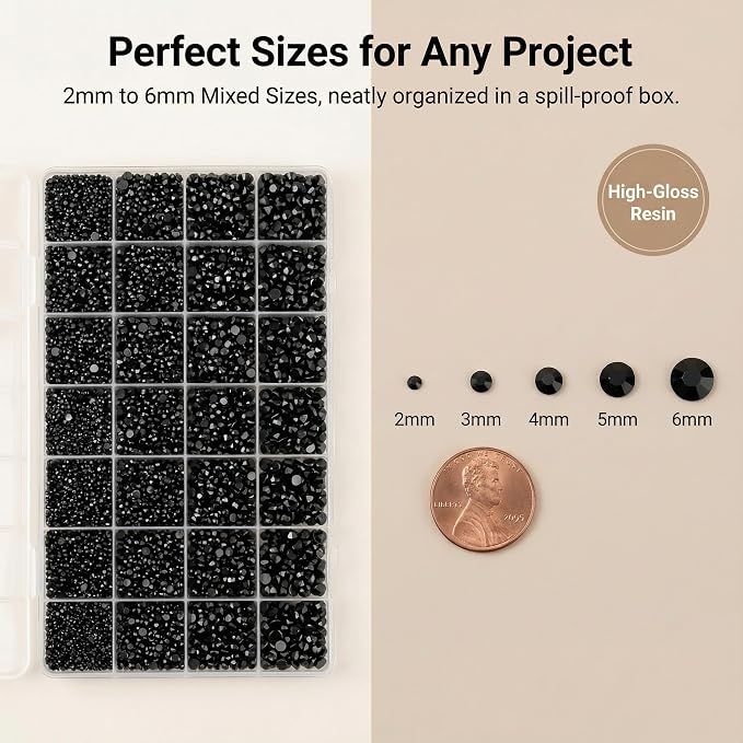 36000Pcs Black Rhinestones for Bedazzling, Mixed Sizes 2-6MM Gems Flatback - Image 3