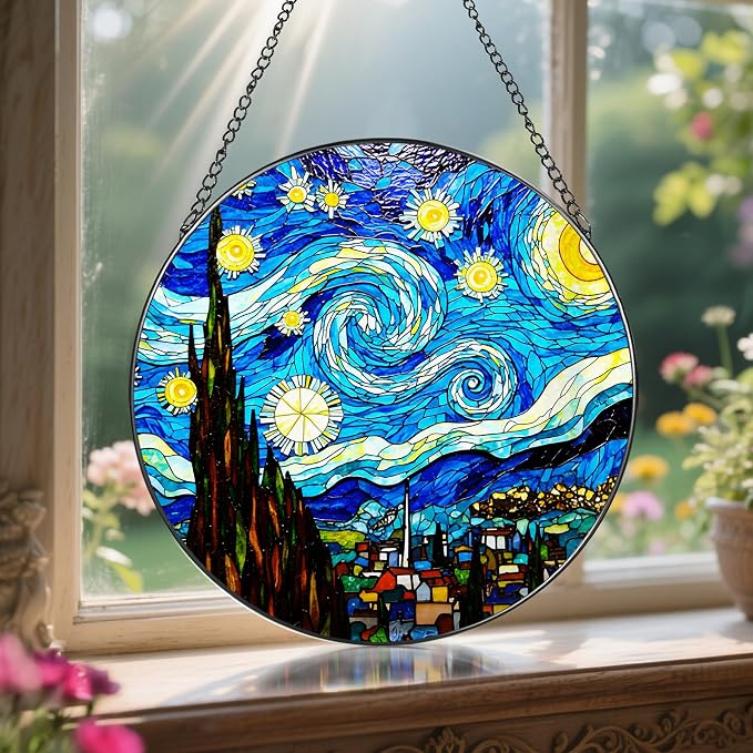 8'' Van Gogh Starry Night Sun Catcher Ornament, Stained Glass Window Hanging - Image 5