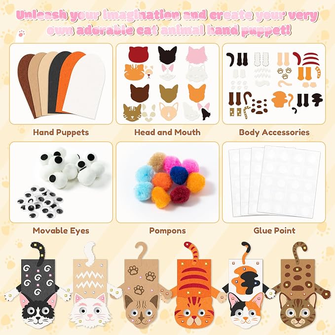 WATINC 6Pcs Cat Hand Puppet Making Kit, Art Craft Felt Sock Puppet Toys | - Image 3