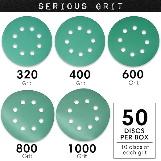 Sanding Discs 5 Inch 8 Hole Fine Grit Assortment - 320, 400, 600, 800, 1000 Grit (10/each) - Hook & Loop Wet Dry Film Sandpaper Discs - Sand Paper for Random Orbital Sanders - 50 Pack Box