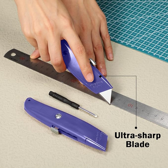 Reginary 20 Pcs Box Cutter Bulk Retractable Utility Knife Heavy Duty Aluminum Alloy Razor Knife for Cardboard Box Carton Opener for DIY, Factory, Home Office(Purple)