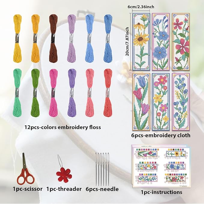 ORIGACH 6 Pcs Flower Cross Stitch Bookmark Kit - Image 2