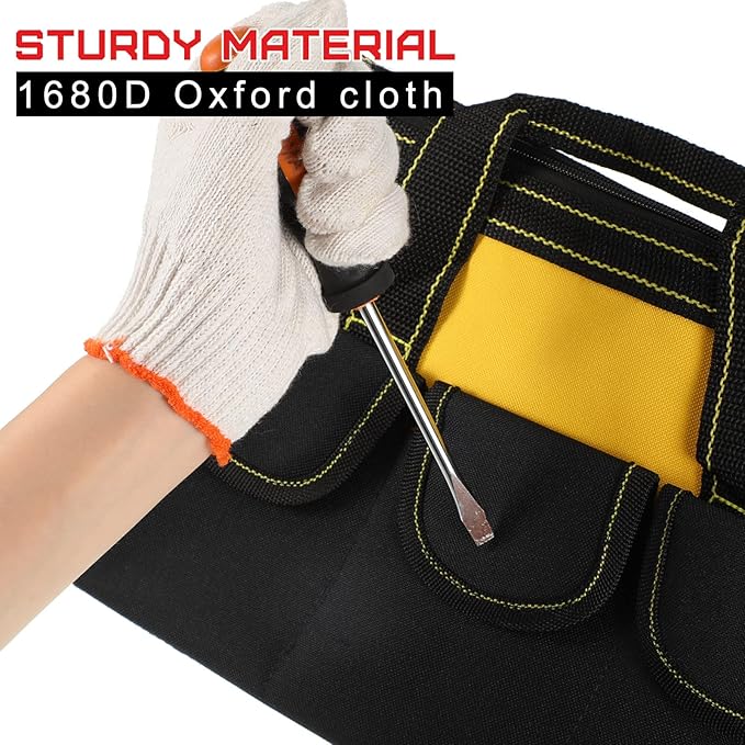 Cunno 4 Pieces Tool Bag with Waterproof Strong Molded Base Multi Pockets Wide Mouth Tool Tote Multifunctional Large Capacity Storage Organizer Heavy Duty(13 Inch,Multicolor)