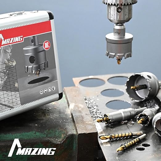 MAZING 16PCS TCT Hole Saw Kit for Hard Metal, 5/8"-2-1/8" Carbide Tungsten Carbide Tipped Hole Saw Set, Heavy Duty Hole Cutter Set for Cutting Stainless Steel, Iron, Copper, Aluminum, Sheet Metal