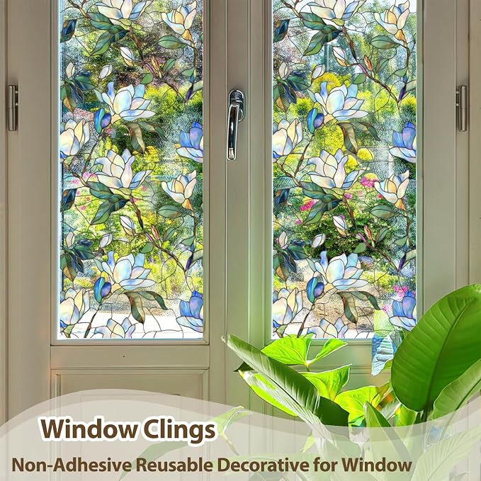 Magnolia Stained Glass Privacy Window Film, Decorative Window Tinting Film - Image 4
