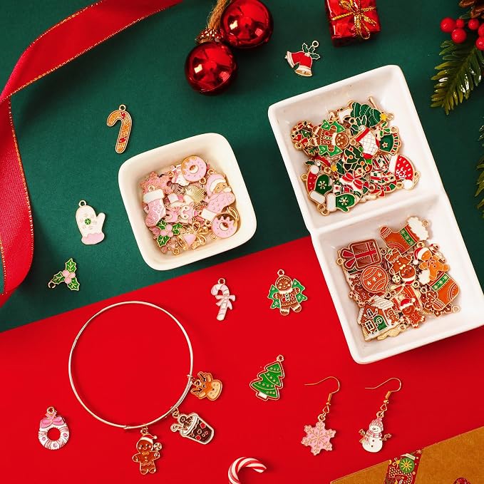 SANNIX 110Pcs/55 Pairs Christmas Charms, Holiday Enamel Charms Red Green Pink - Image 4