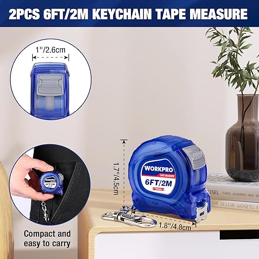 WORKPRO Keychain Tape Measure Set, 3 Pcs Inch/Metric Scale Easy Reading Mini Tape Measurement, 6FT Retractable Pocket Size Small Tape Measure for Engineer, Lightweight, ABS Protective Casing