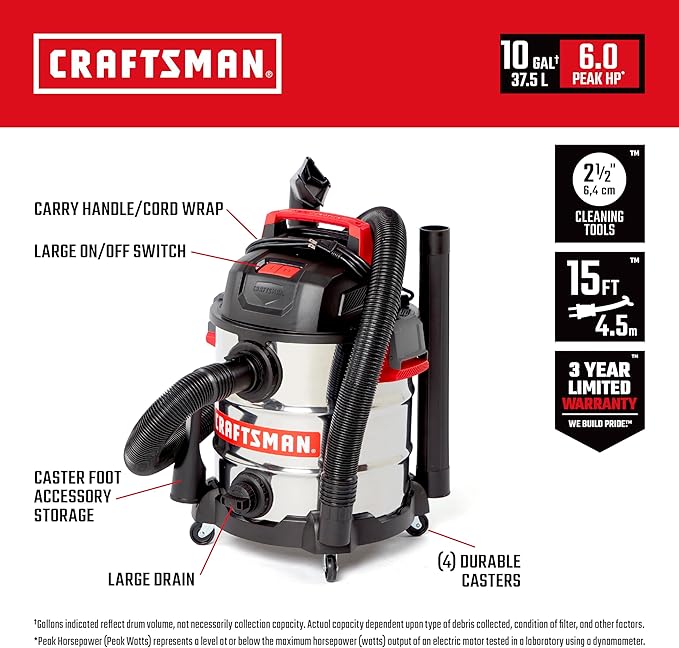 Craftsman CMXEVBE17155 10 Gallon 6.0 Peak HP Stainless Steel Wet Dry Vac, Portable Shop Vacuum Wet and Dry with Filter, Muffler/Diffuser, Hose and Attachments for Home and Garage Use