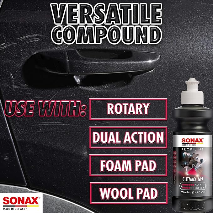 SONAX CutMax Cutting Compound | High-Abrasive Paint Correction Polish for P1500 Grit Sanding Marks | Silicone-Free, Dust-Free, and Odorless | Long Buffing Cycle for Severe Weathered Paint | 24650 | 5L