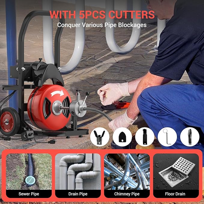 Drain Cleaning Machine 75Ft 1/2 Inch Cable, 450W Auto Feed Portable Electric Sewer Snake, Electric Drain Auger with 6 Cutter Air-Activated Foot Switch for 2" to 4" Pipes
