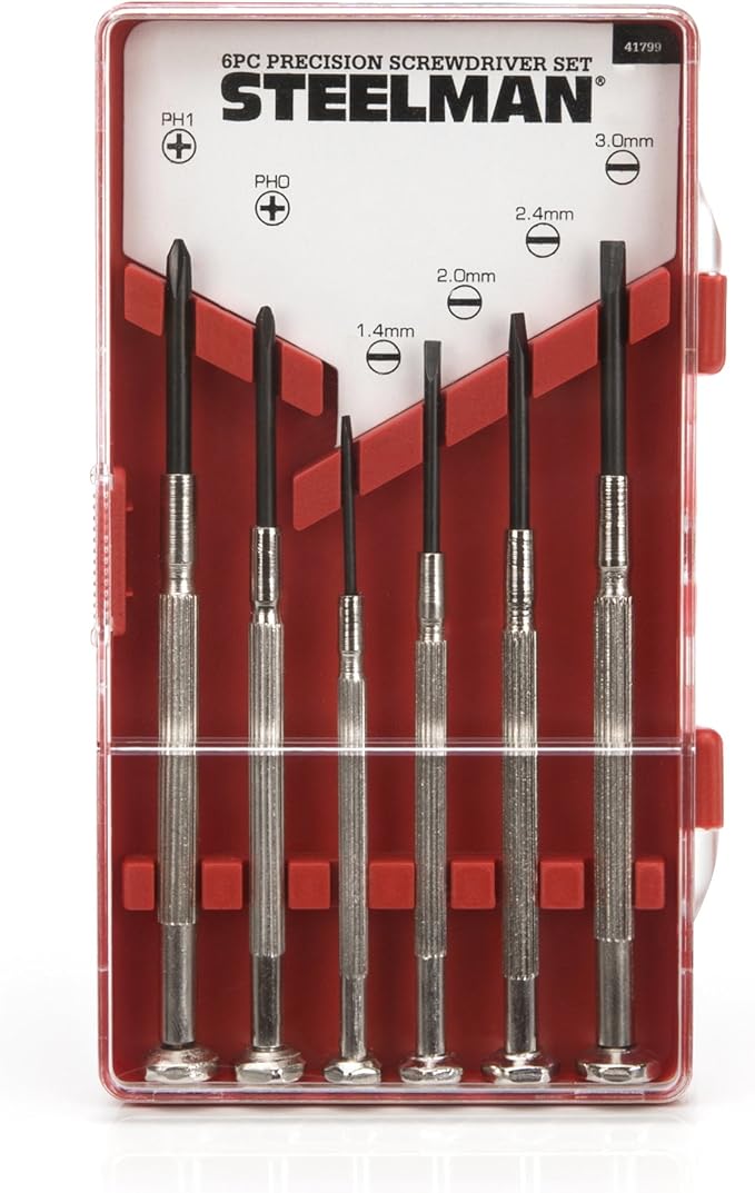STEELMAN Precision Steel Shaft 6-Piece Electronics Screwdriver Set, Variety of Slotted/Phillips Sizes, Swivel-Head, Storage Case Included