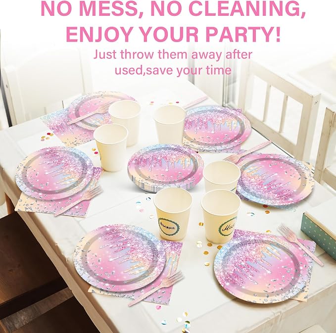 100PCS Iridescent Diamond Birthday Party Plates Napkins Forks Supplies Set - Image 6