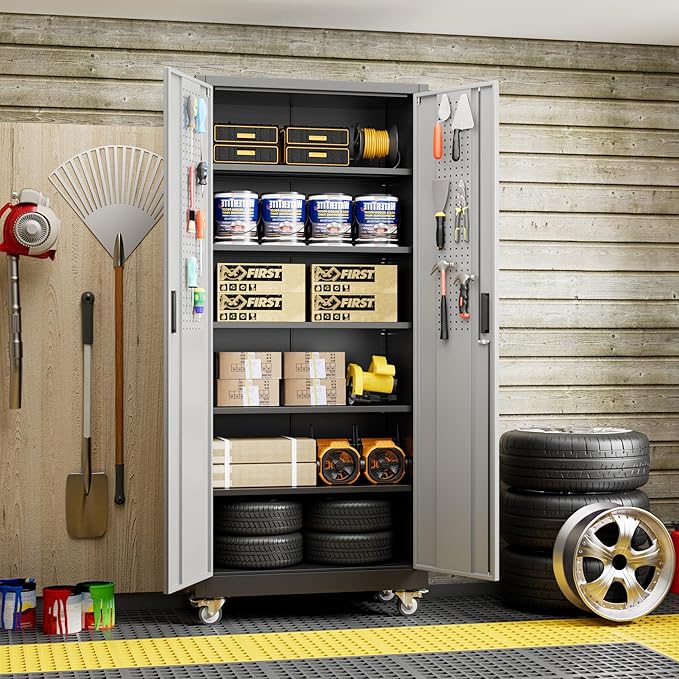 Metal Garage Storage Cabinet with Pegboard, 71''H*32" W*16" D Rolling Tool Cabinets on Wheels with 5 Adjustable Shelves for Garage Home Warehouse Utility Room, Assembly Required,Black and Grey